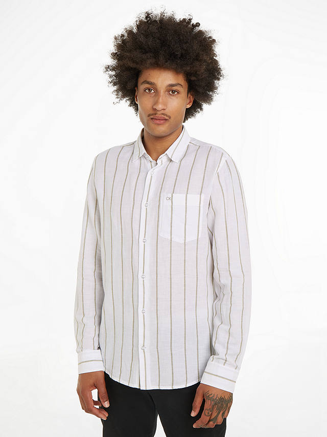 Calvin Klein Linen Blend Stripe Shirt, White/Delta Green