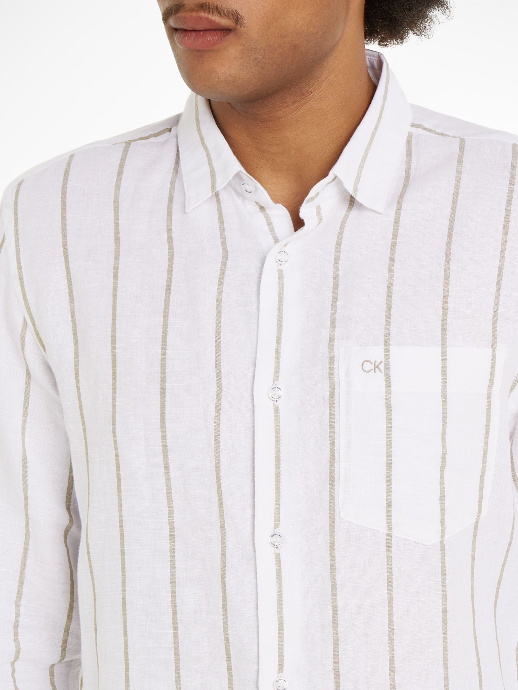 Calvin Klein Linen Blend Stripe Shirt, White/Delta Green, S