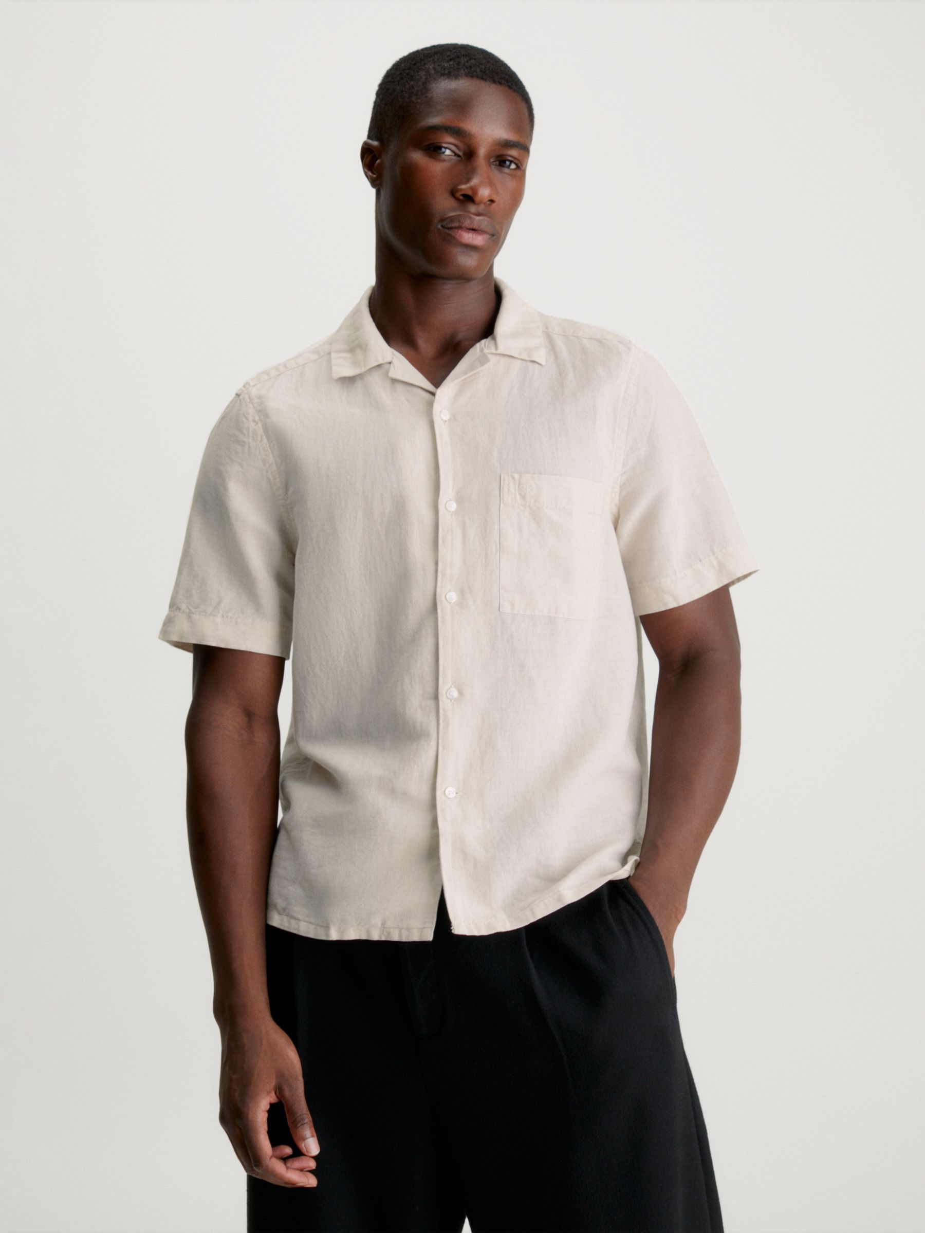 Calvin Klein Linen Blend Cuban Shirt, Stony Beige, XS