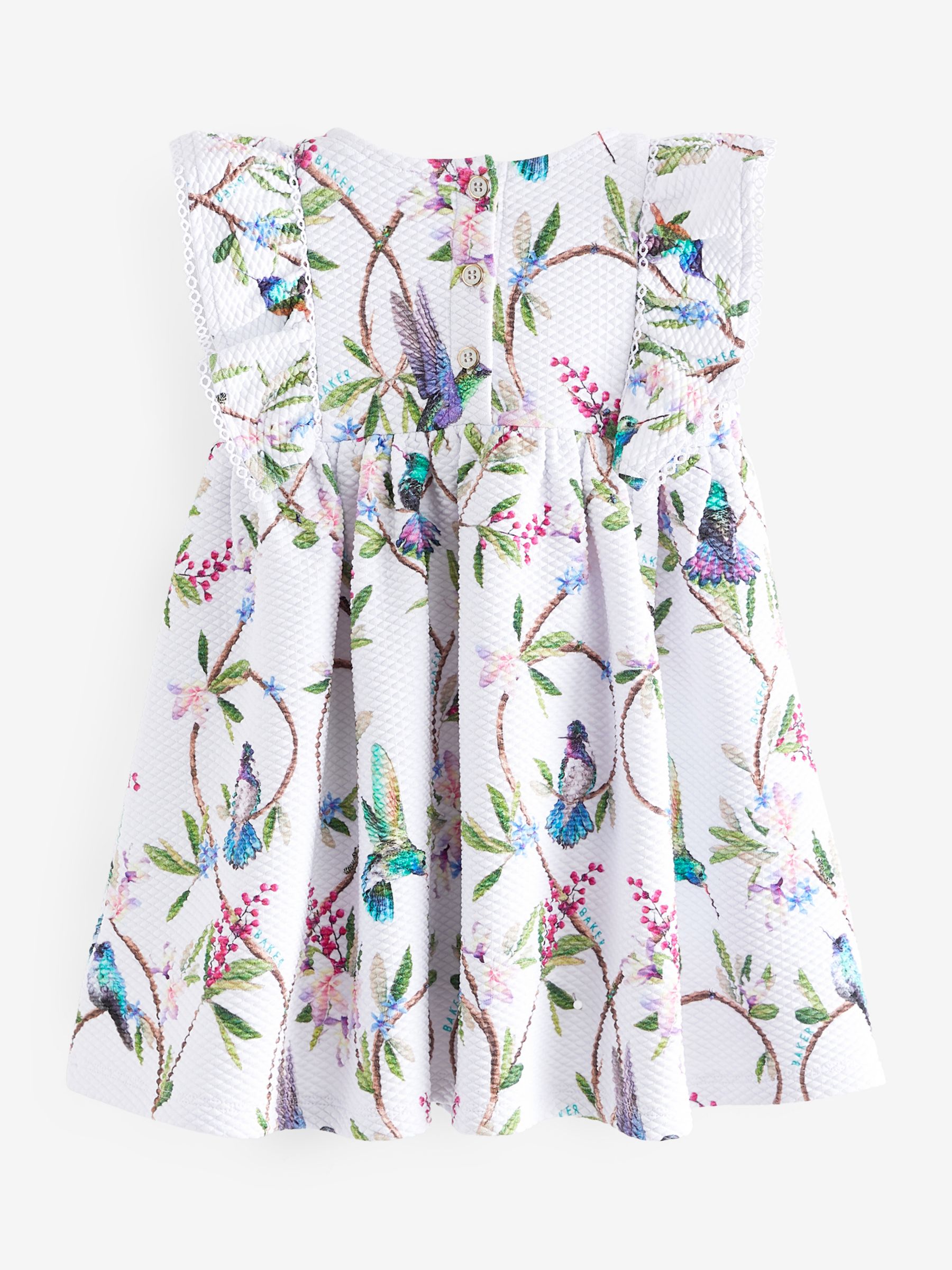 Ted Baker Baby Bird Print Textured Jersey Dress, White/Multi, 3-4 years