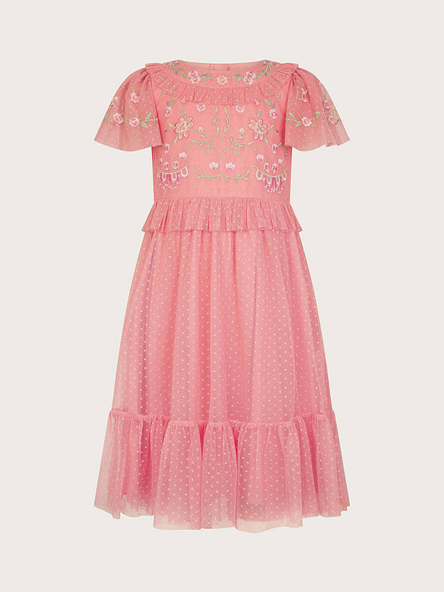 Monsoon Kids' Josephine Floral Embroidered Spot Tulle Occasion Dress, Coral