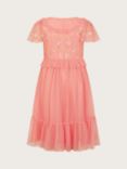 Monsoon Kids' Josephine Floral Embroidered Spot Tulle Occasion Dress, Coral