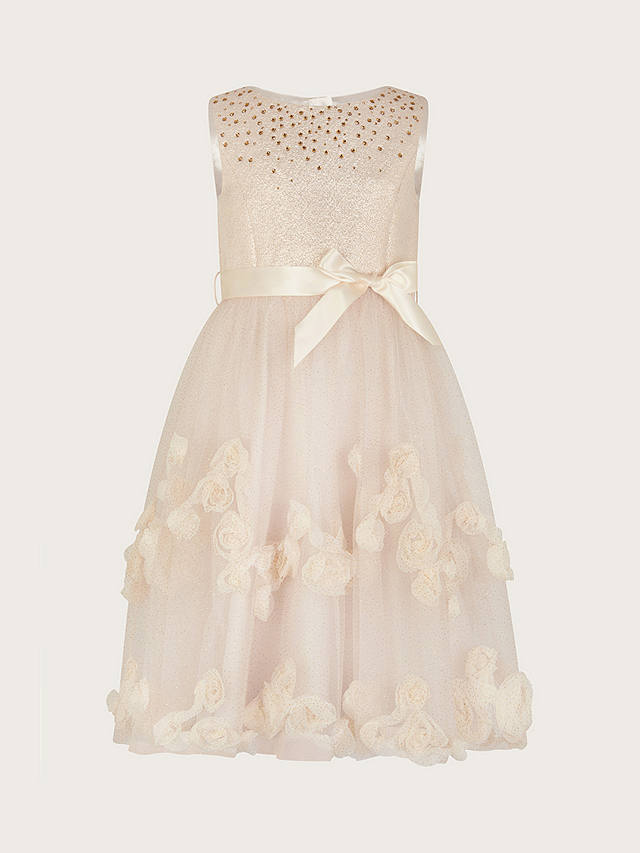 Monsoon Kids' Amber Diamante 3D Rose Occasion Dress, Gold