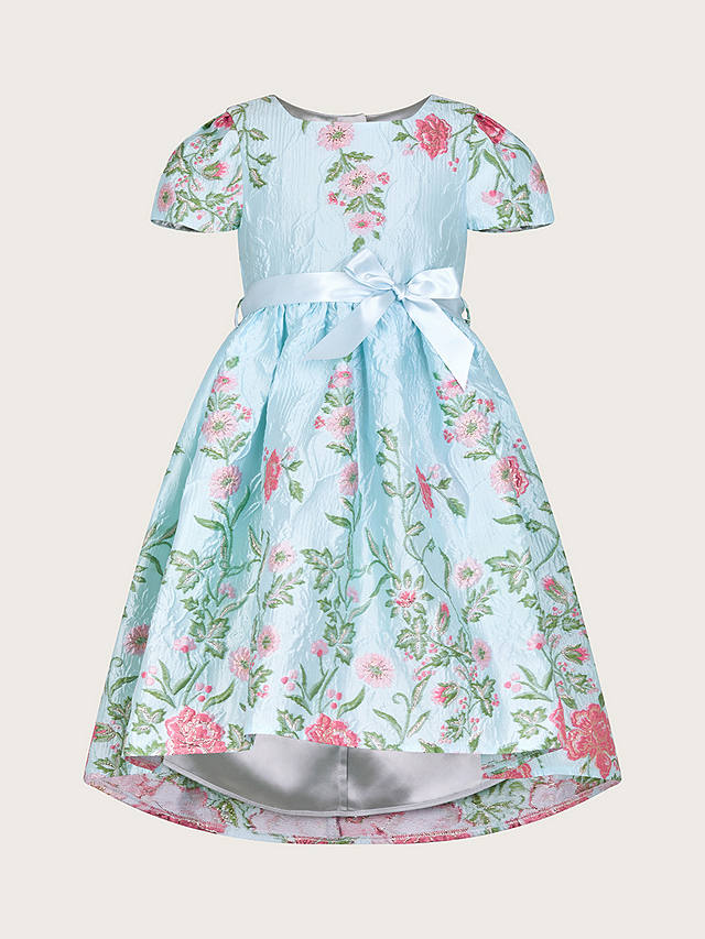Monsoon Kids' Jacquard Floral Embroidered Border Occasion Dress, Pale Blue/Multi