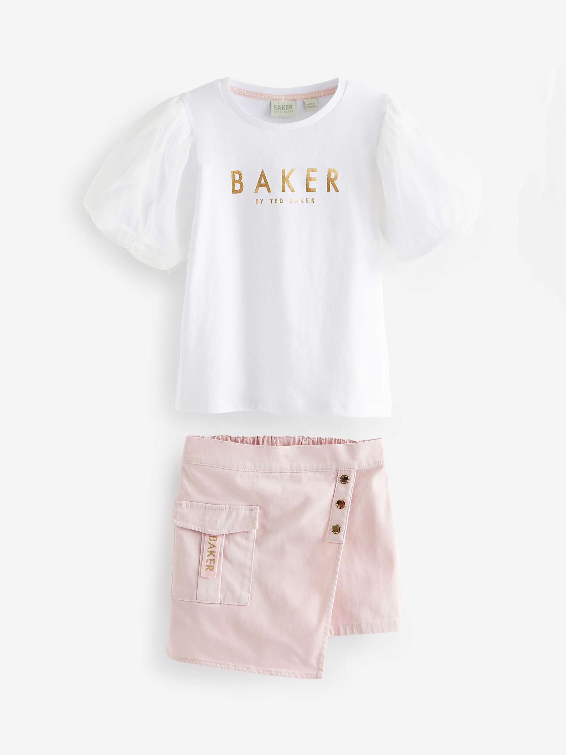 Buy Ted Baker Kids' Logo Organza Puff Sleeve T-Shirt & Skort Set, Pink/White Online at johnlewis.com