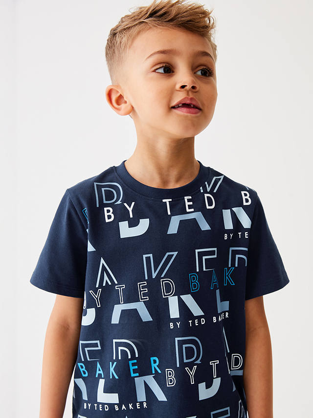 Ted Baker Kids'  Logo All Over Print T-Shirt, Navy