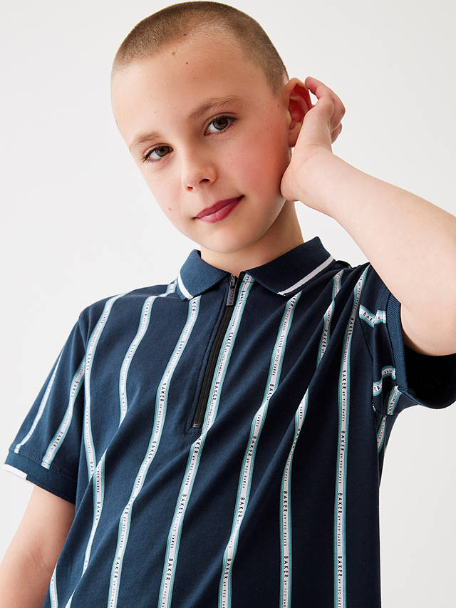 Ted Baker Kids' Logo Stripe Zip Polo Shirt, Navy