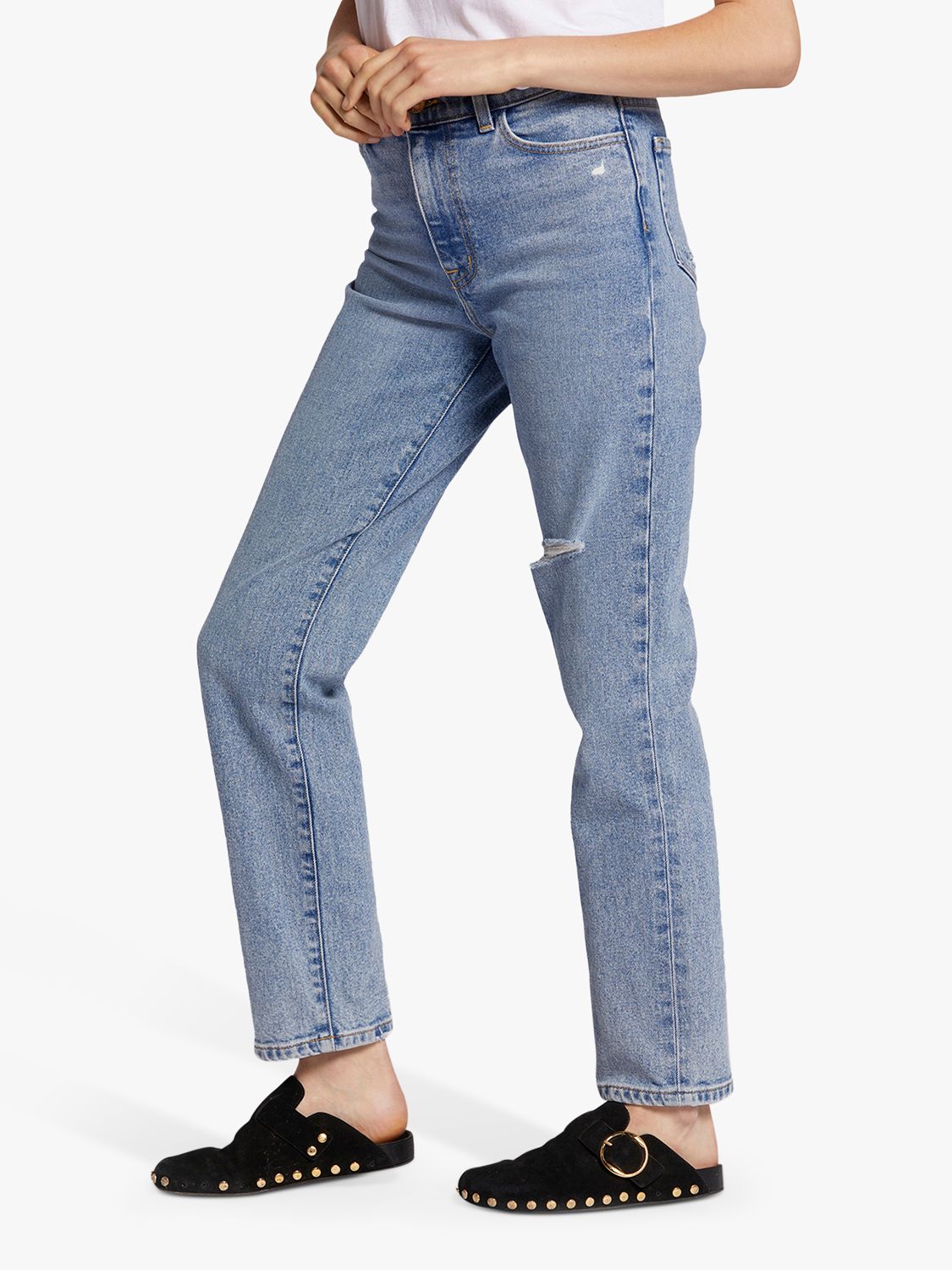 Current/Elliott The Soulmate High Rise Slim Straight Distressed Jeans, Camino Light Blue, W23/L30