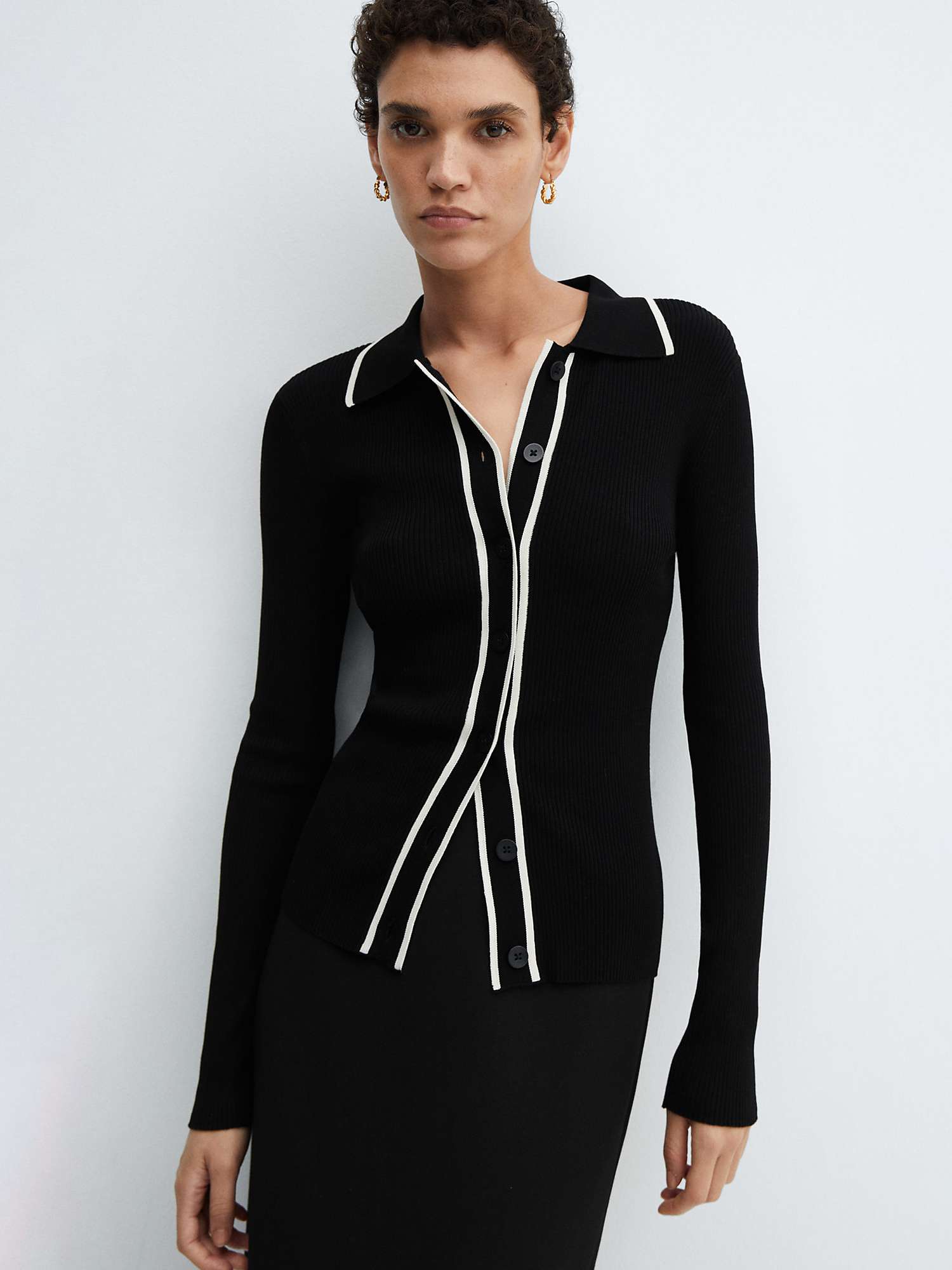 Buy Mango Shadowin Contrast Trim Ribbed Collared Cardigan, Black/White Online at johnlewis.com