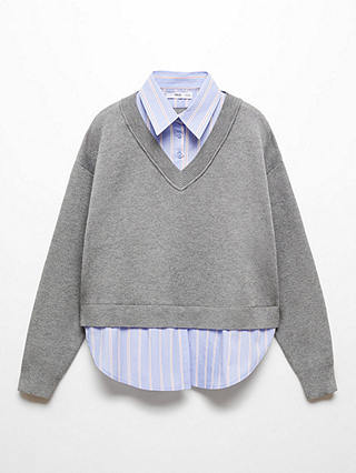 Mango Chiara Stripe Shirt Style Jumper, Dark Grey