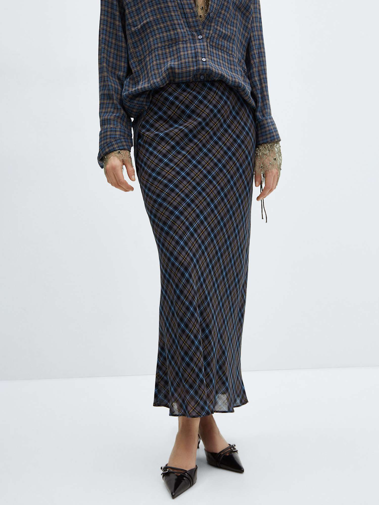 Buy Mango Maria Wool Blend Check Long Skirt, Medium Blue Online at johnlewis.com