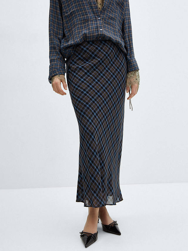 Mango Maria Wool Blend Check Long Skirt, Medium Blue