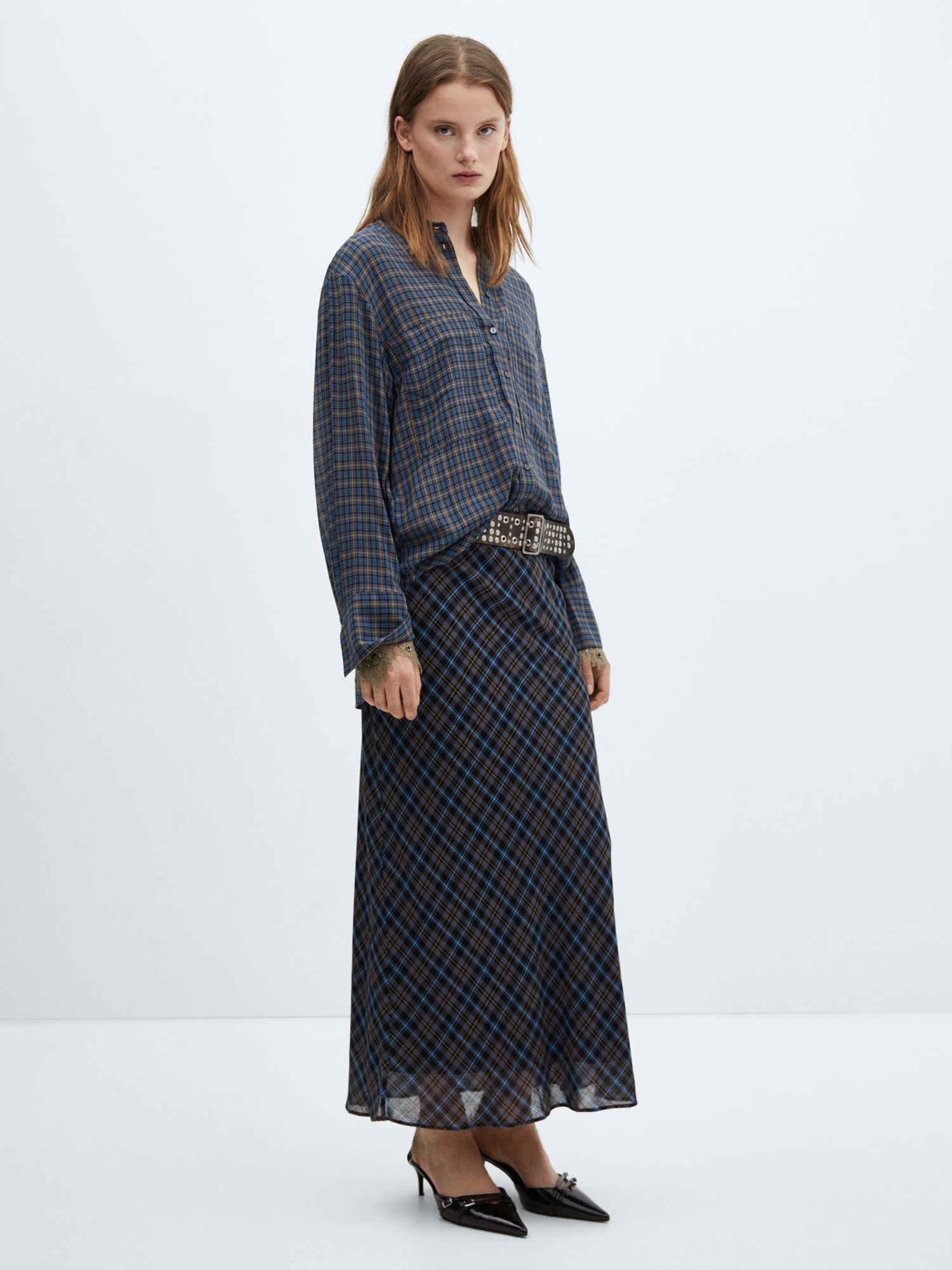 Buy Mango Maria Wool Blend Check Long Skirt, Medium Blue Online at johnlewis.com