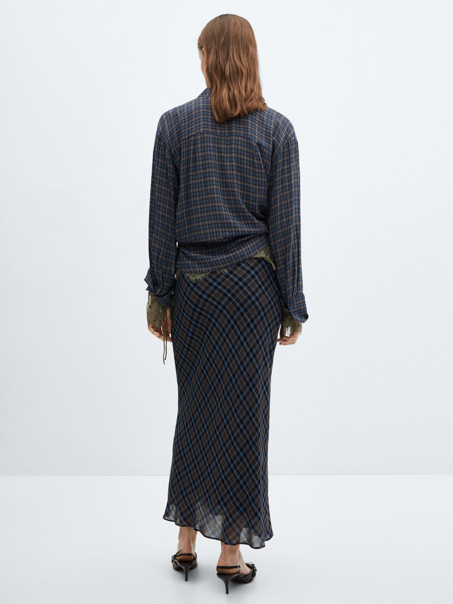 Buy Mango Maria Wool Blend Check Long Skirt, Medium Blue Online at johnlewis.com