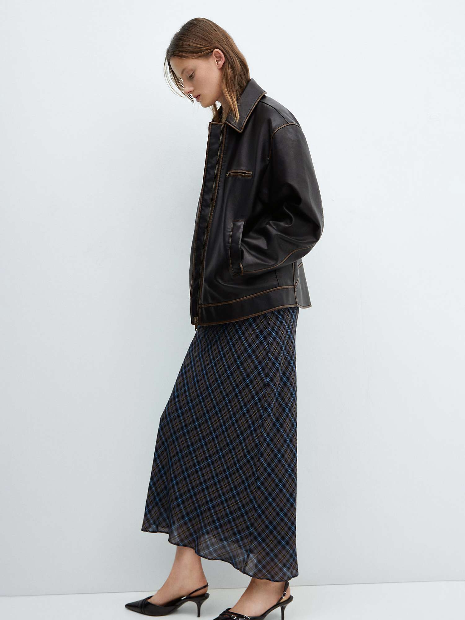 Buy Mango Maria Wool Blend Check Long Skirt, Medium Blue Online at johnlewis.com