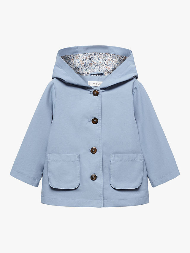 Mango Baby Grace Button Through Hooded Jacket, Medium Blue