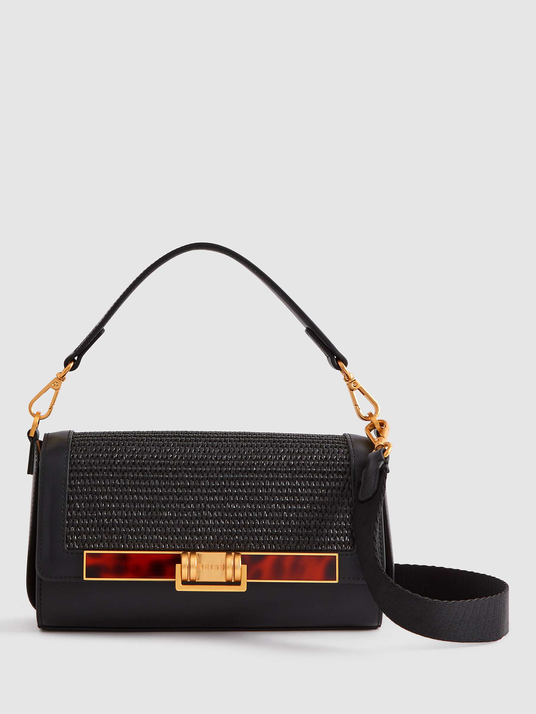 Buy Reiss Ivy Leather & Raffia Baguette Bag, Black Online at johnlewis.com