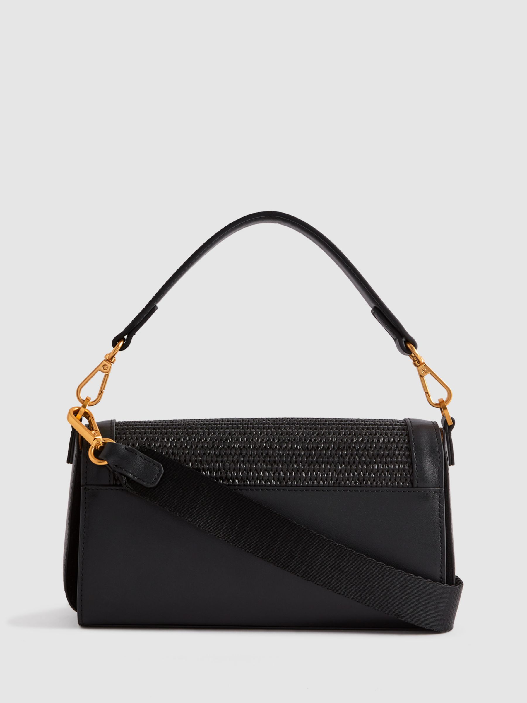 Reiss Ivy Leather & Raffia Baguette Bag, Black, One Size