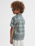 Reiss Kids' Prentice Geometric Print Cuban Collar Shirt, Hunting Green