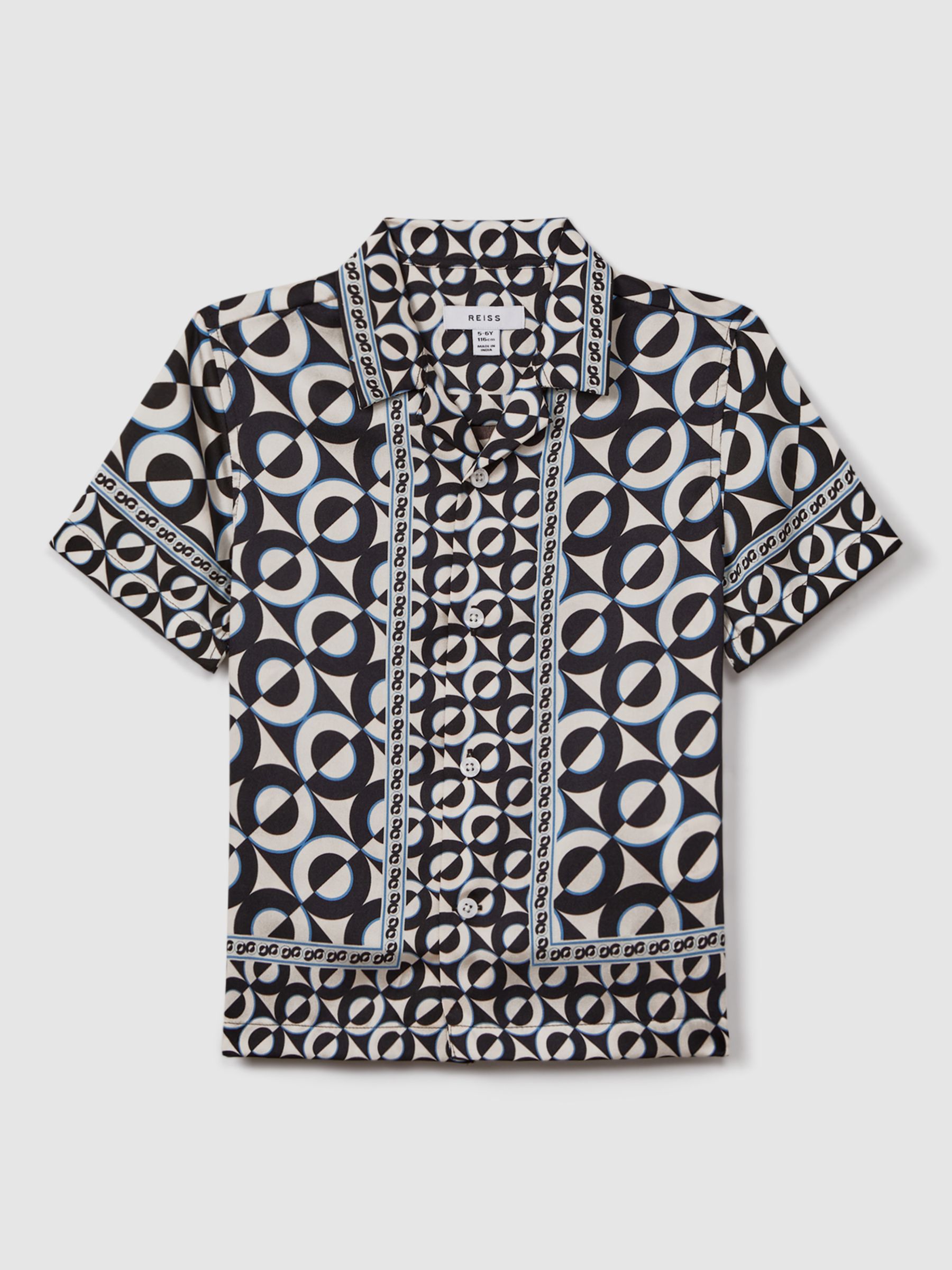 Reiss Kids' Prentice Geometric Print Cuban Collar Shirt, Lapis Blue, 3-4 years