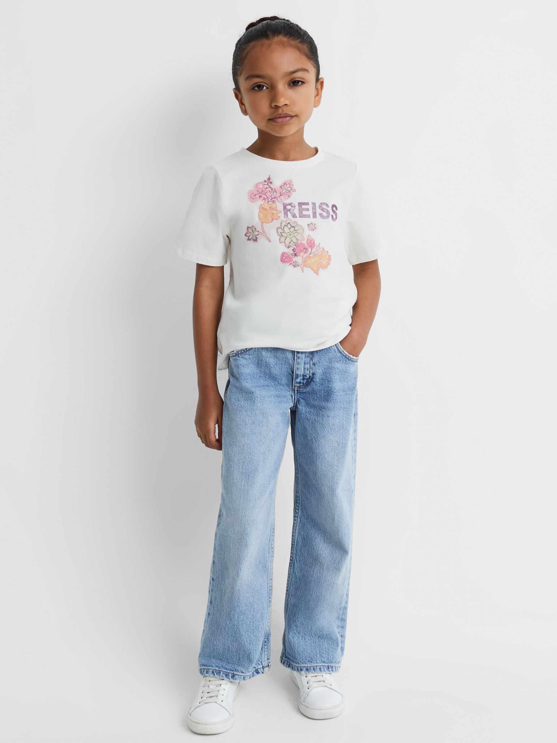 Reiss Kids' Misha Logo Floral Motif Crew Neck T-Shirt, Ivory, 10-11 years