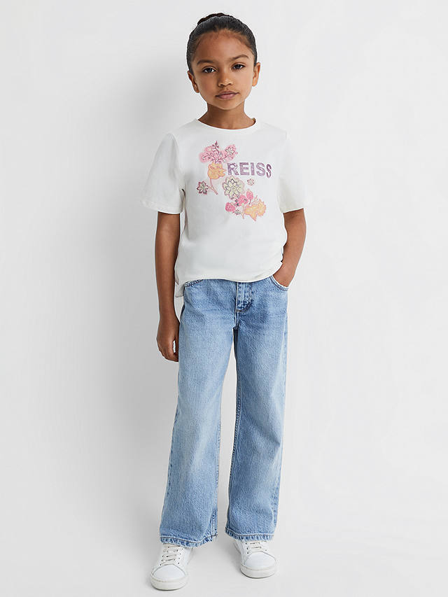 Reiss Kids' Misha Logo Floral Motif Crew Neck T-Shirt, Ivory