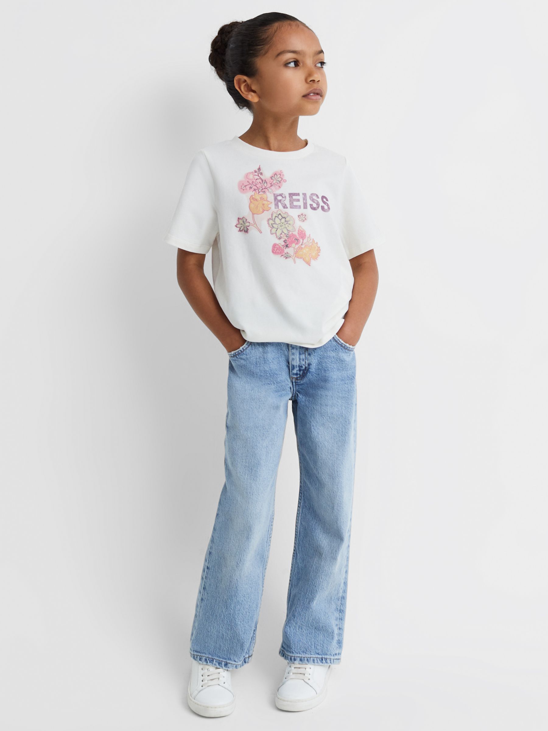 Reiss Kids' Misha Logo Floral Motif Crew Neck T-Shirt, Ivory, 10-11 years