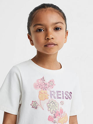 Reiss Kids' Misha Logo Floral Motif Crew Neck T-Shirt, Ivory