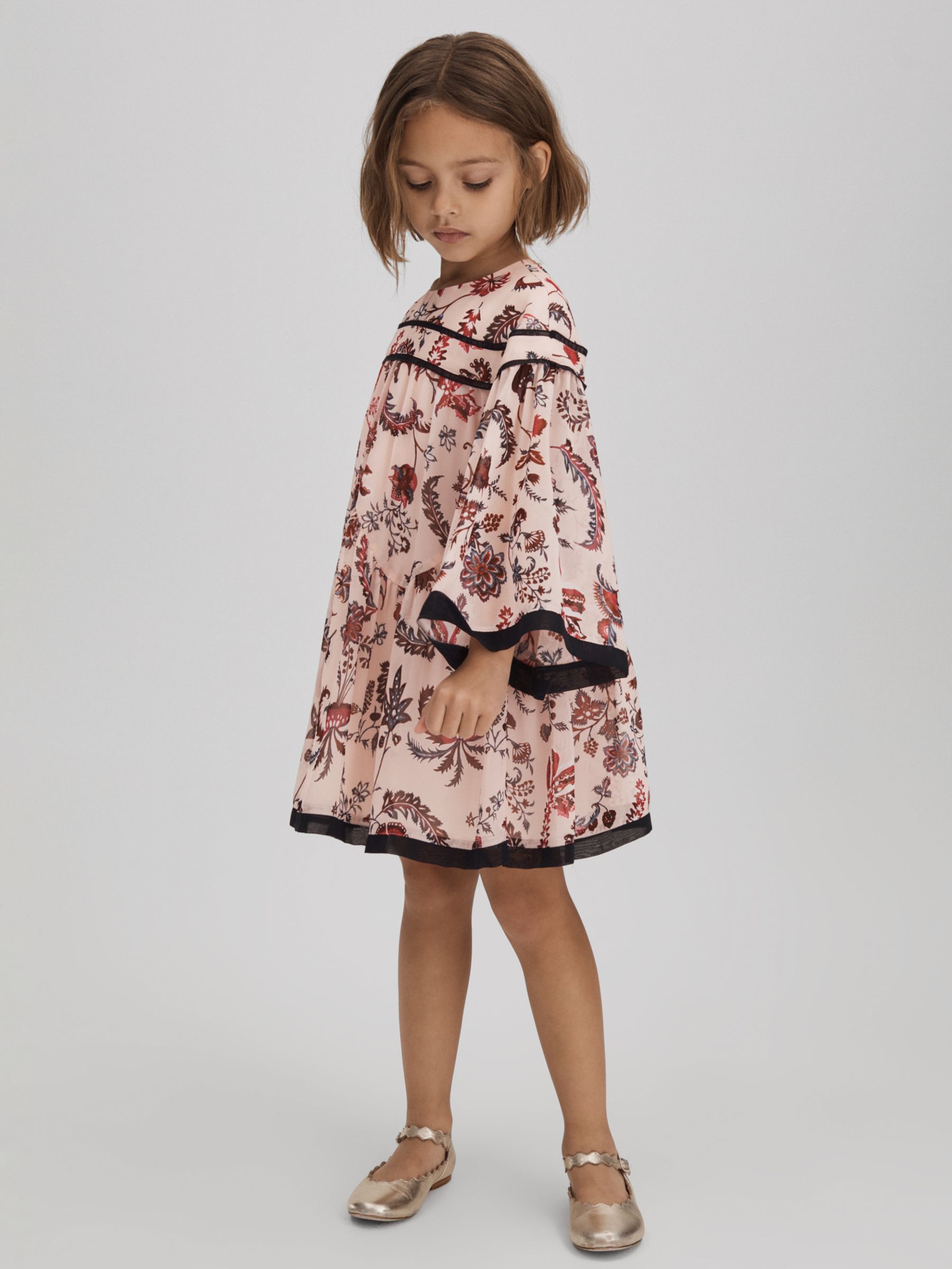 Buy Reiss Kids' Talitha Floral Print Boho Bell Sleeve Tiered Dress, Pink Online at johnlewis.com