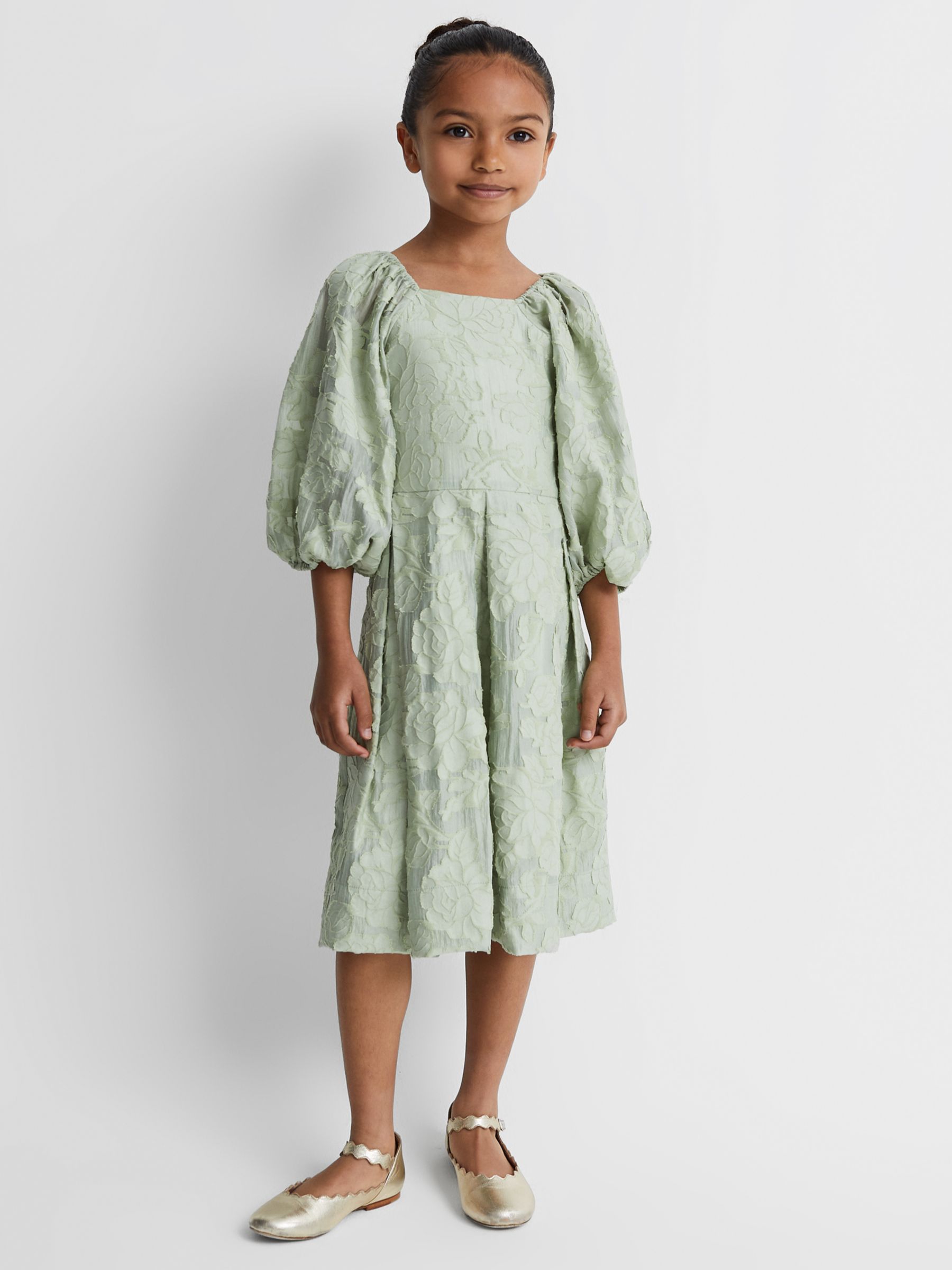 Reiss Kids' Thea Floral Jacquard Puff Sleeve Dress, Sage, 8-9 years