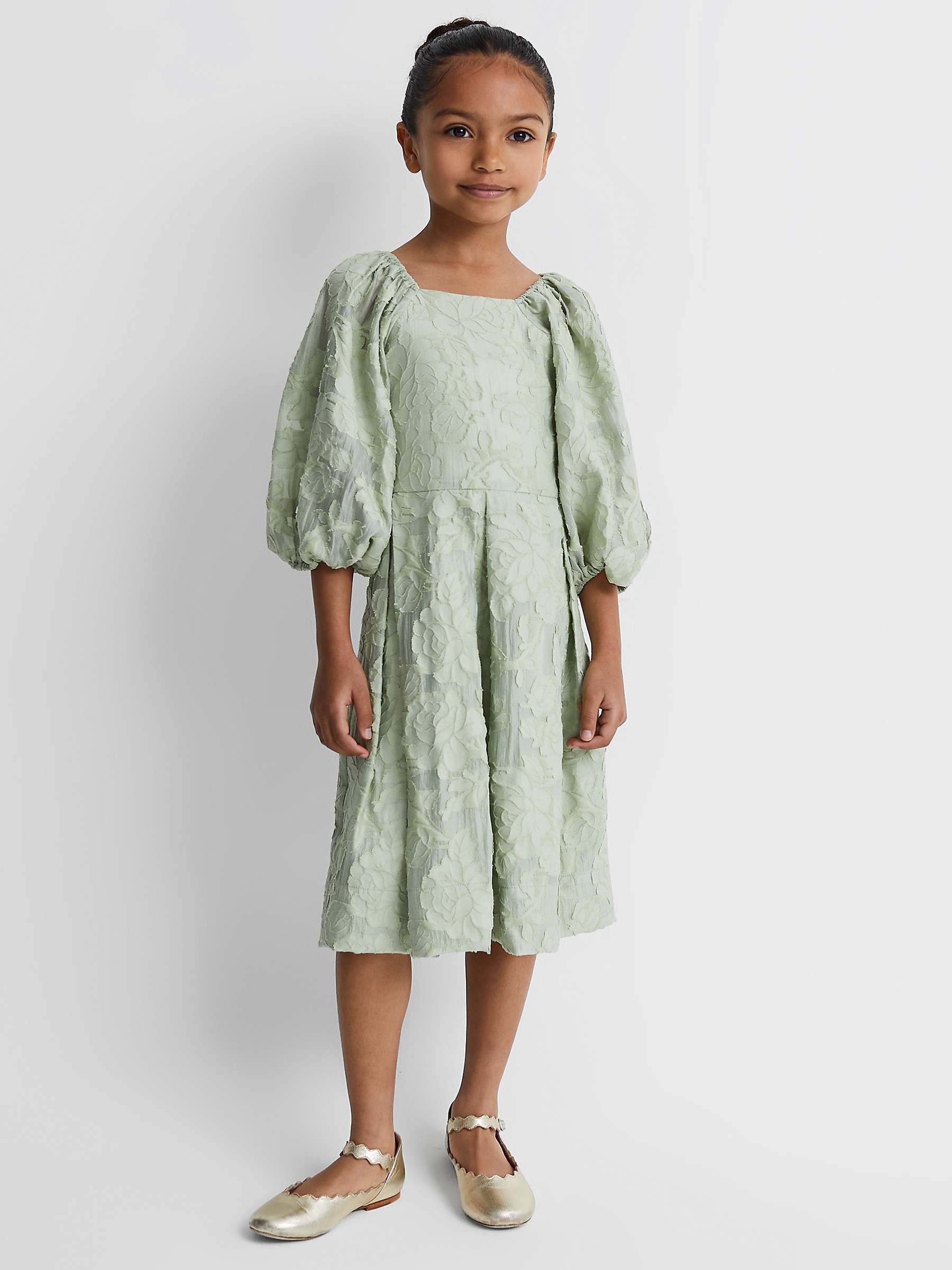 Buy Reiss Kids' Thea Floral Jacquard Puff Sleeve Dress, Sage Online at johnlewis.com