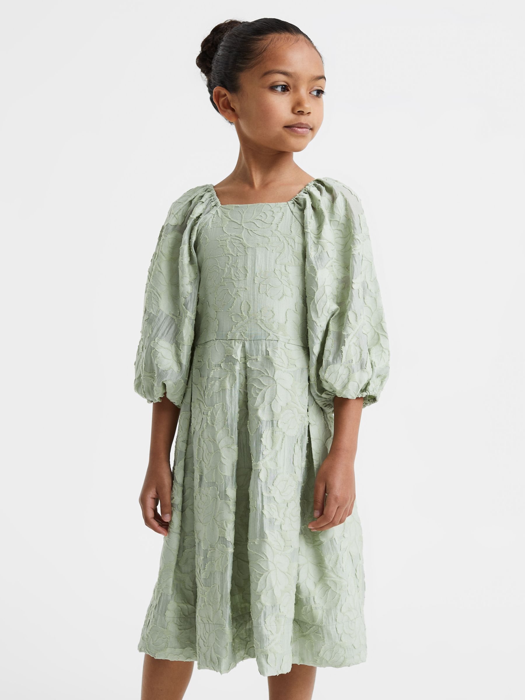 Reiss Kids' Thea Floral Jacquard Puff Sleeve Dress, Sage, 8-9 years
