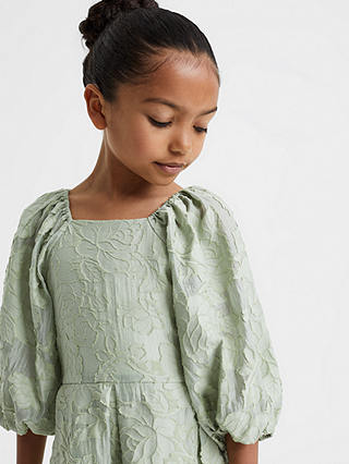 Reiss Kids' Thea Floral Jacquard Puff Sleeve Dress, Sage