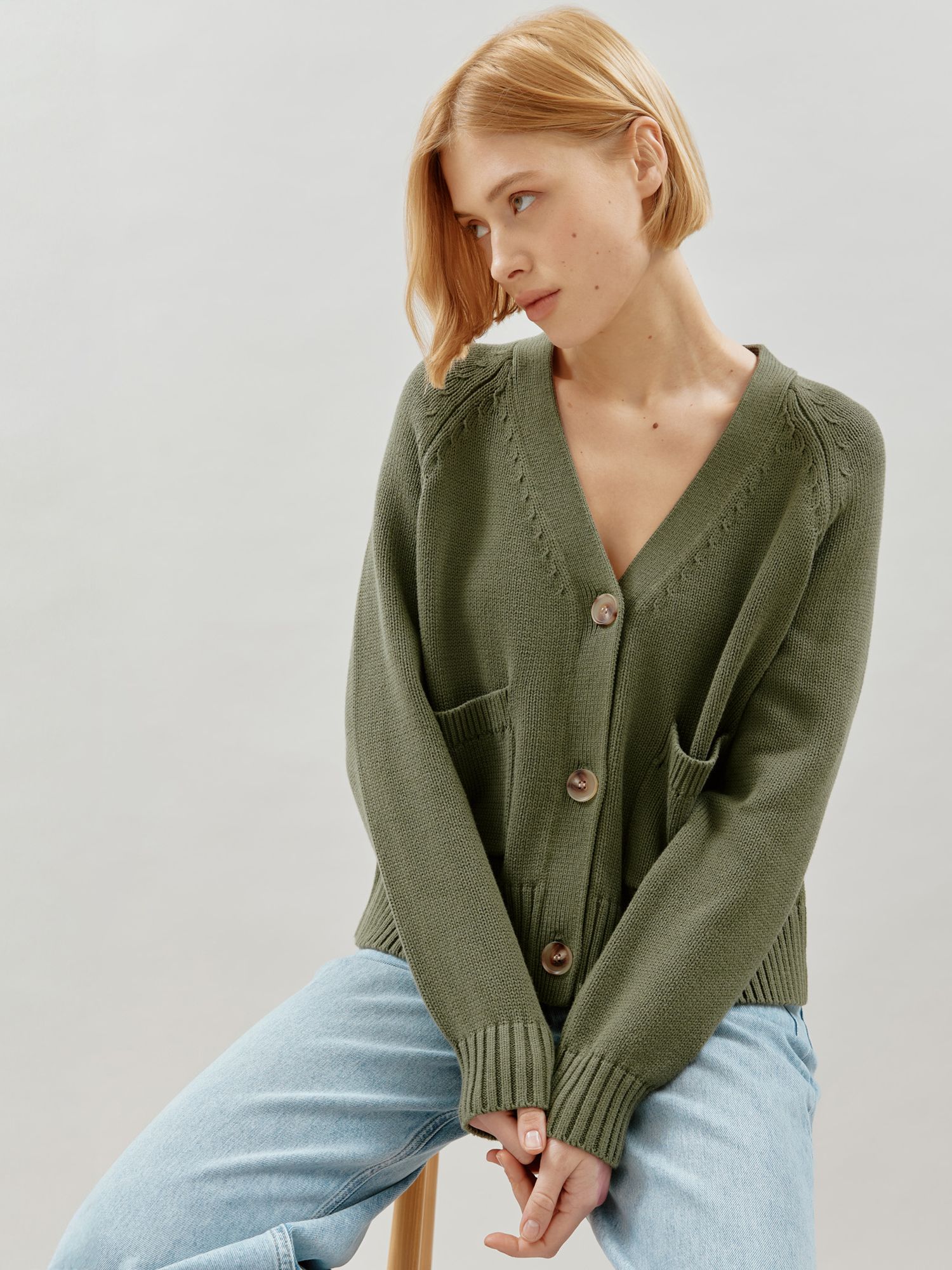 Albaray Relaxed Cotton Cardigan, Olive, 8