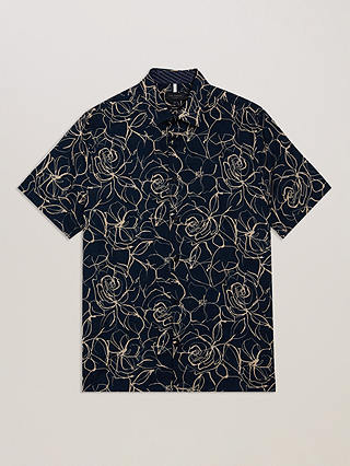 Ted Baker Cavu Floral Outline Short Sleeve Cotton Shirt, Navy