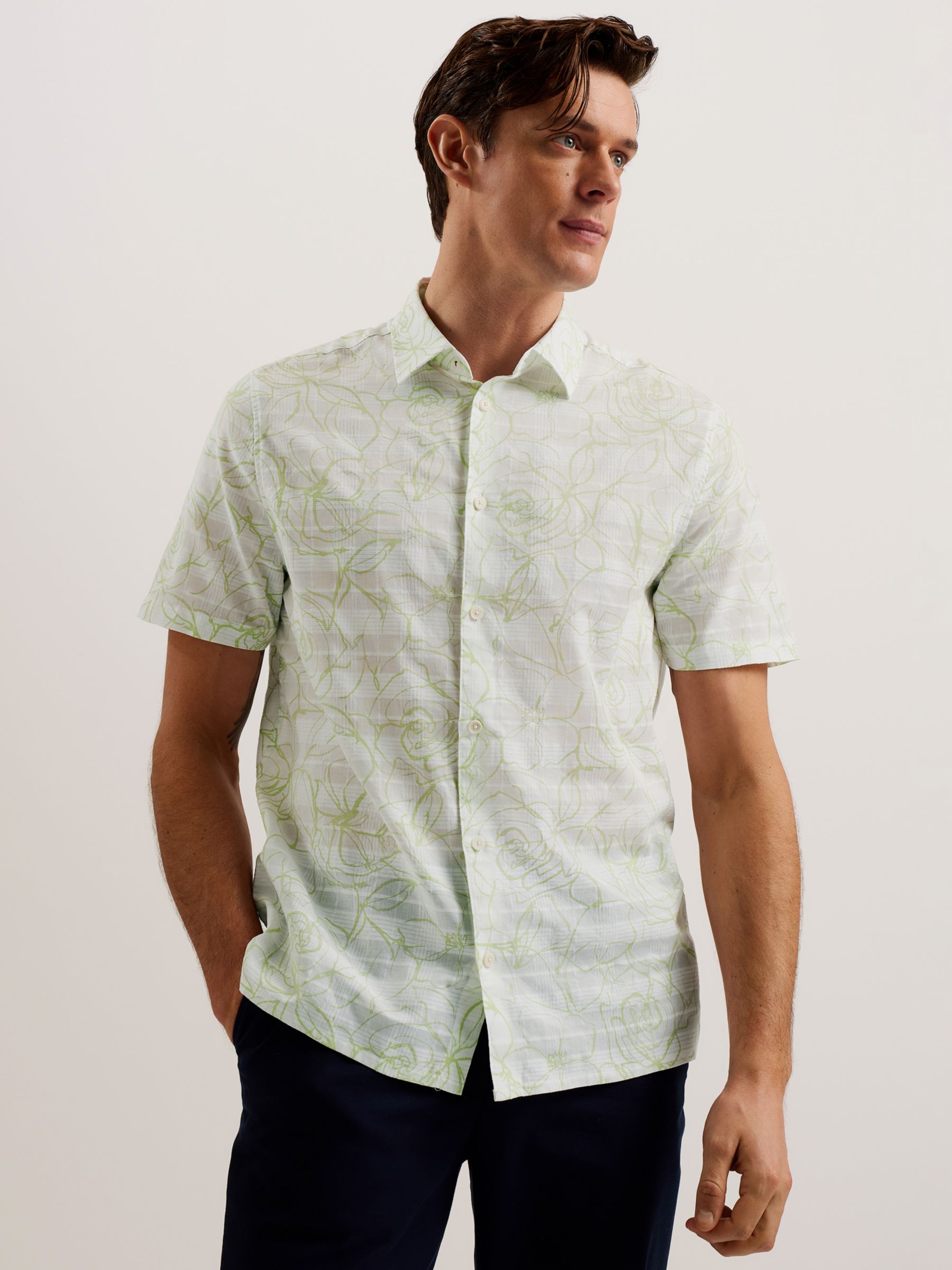 Ted Baker Cavu Floral Outline Short Sleeve Cotton Shirt, White, L
