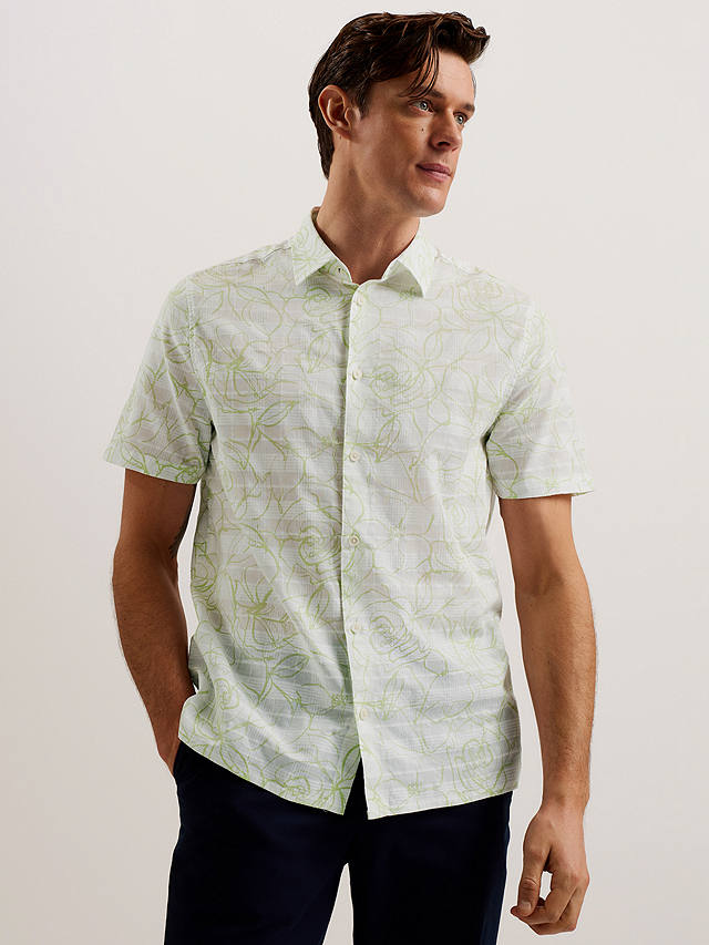 Ted Baker Cavu Floral Outline Short Sleeve Cotton Shirt, White
