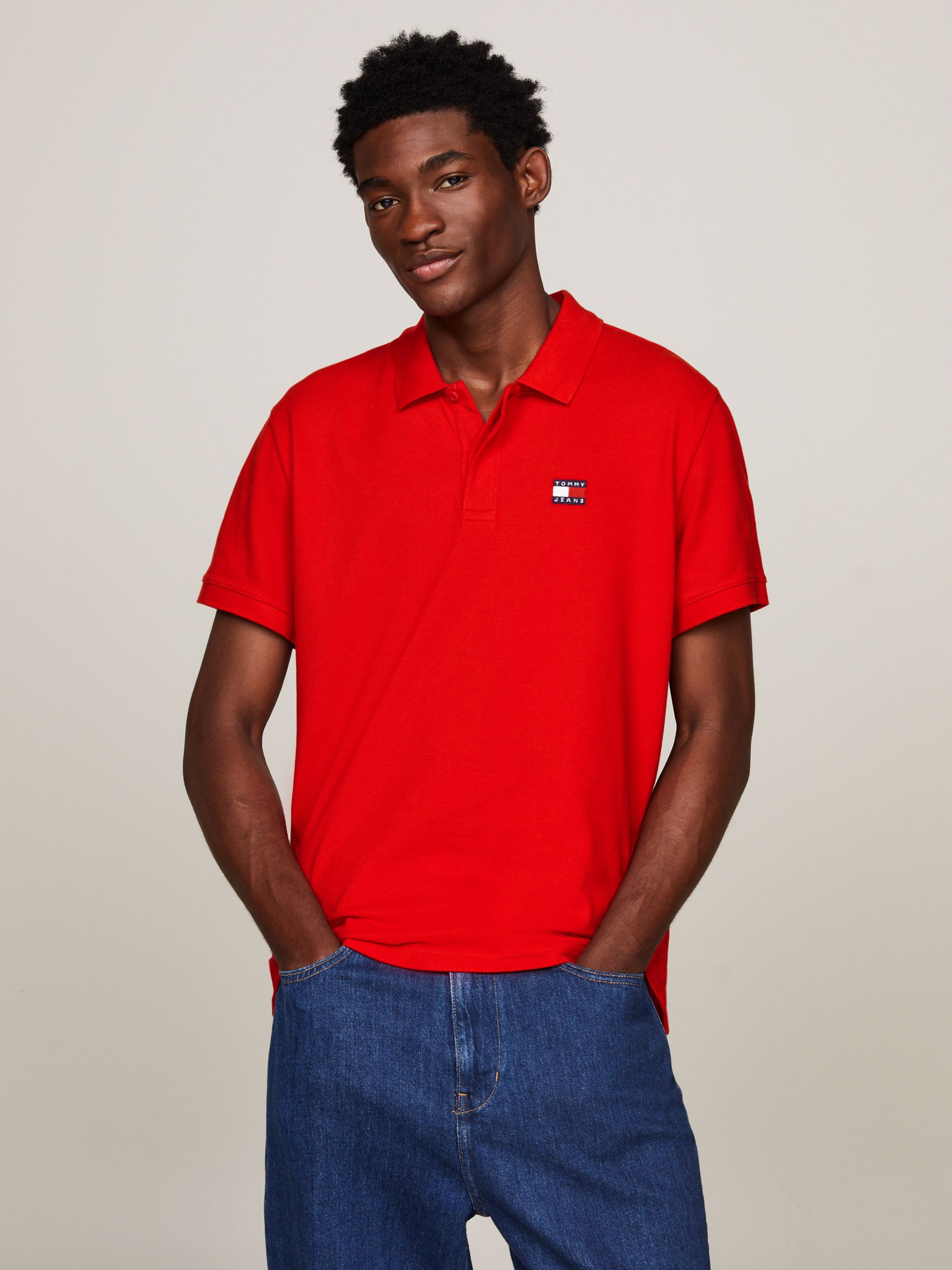 Tommy Jeans Logo Badge Regular Fit Polo Shirt, Deep Crimson, XS