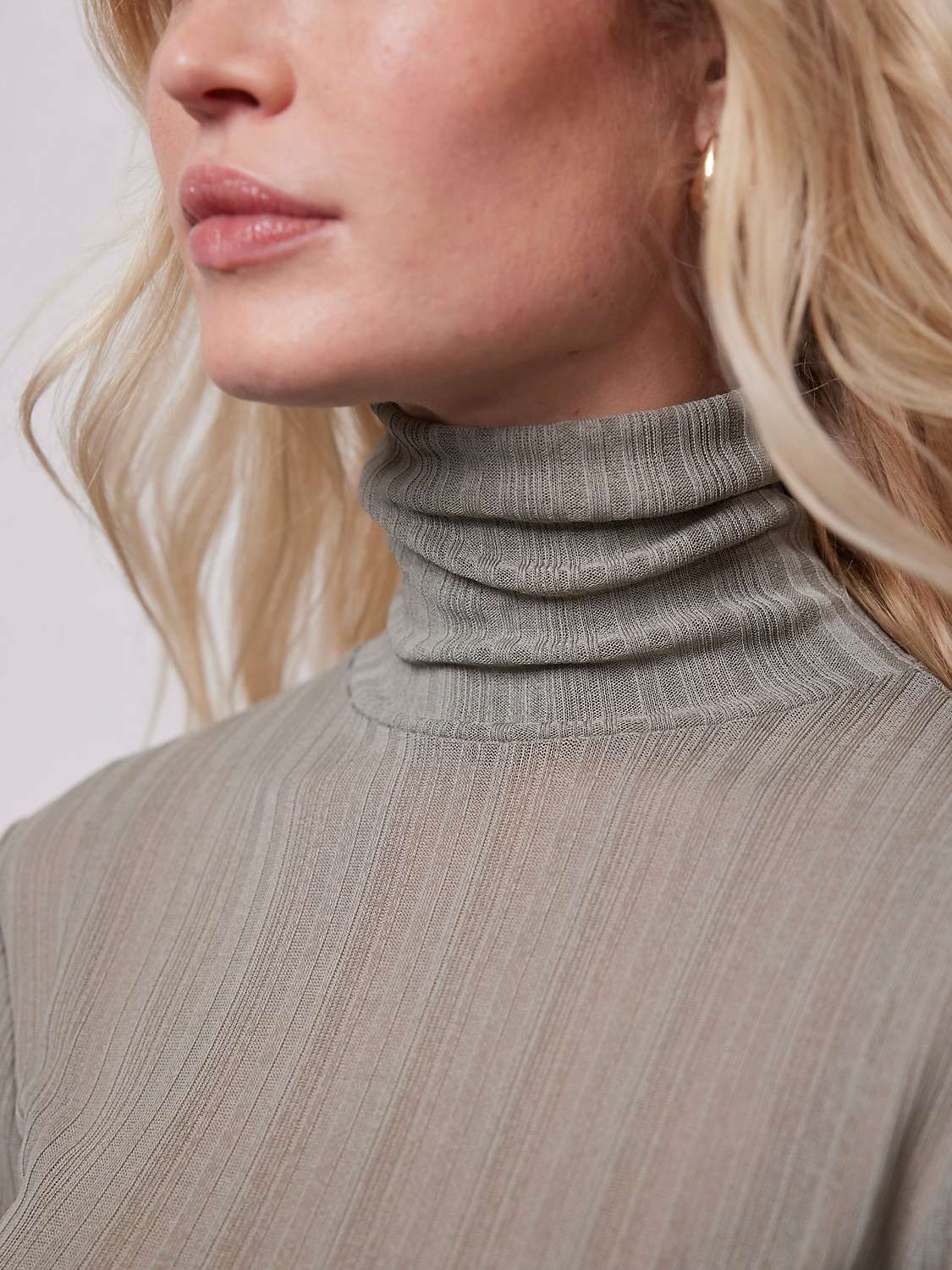 Buy Mint Velvet Sheer Textured Roll Neck Top, Khaki Online at johnlewis.com