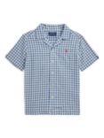 Ralph Lauren Kids' Short Sleeve Gingham Cotton Shirt, Off White/Blue