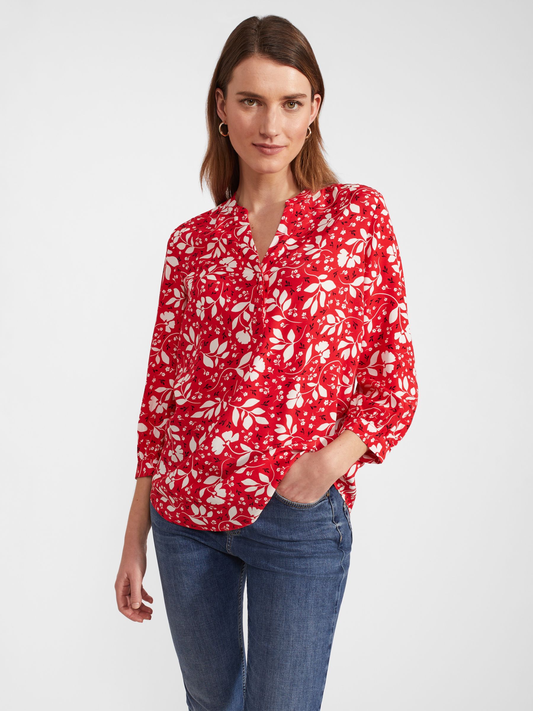 Hobbs Essie Floral Notch Neck Blouse, Red/Multi at John Lewis & Partners