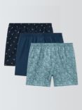 John Lewis Organic Cotton Woven Bird & Gingko Print Boxers, Pack of 3, Black, Blue