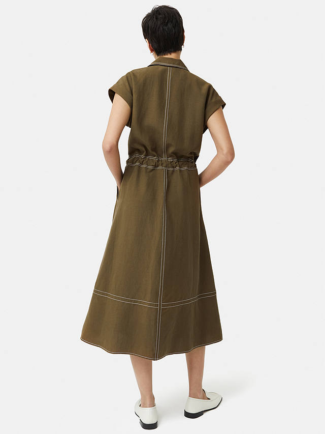 Jigsaw Linen Blend Contrast Stitch Midi Dress, Dark Khaki