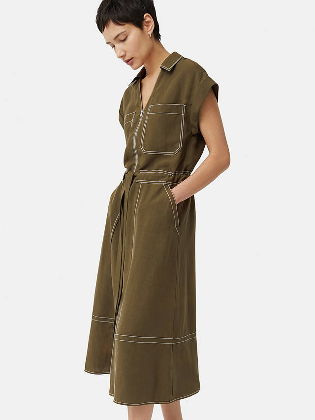 Jigsaw Linen Blend Contrast Stitch Midi Dress, Dark Khaki