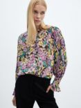 Mango Victoria Floral Print Plisse Sleeve Blouse, Purple/Multi