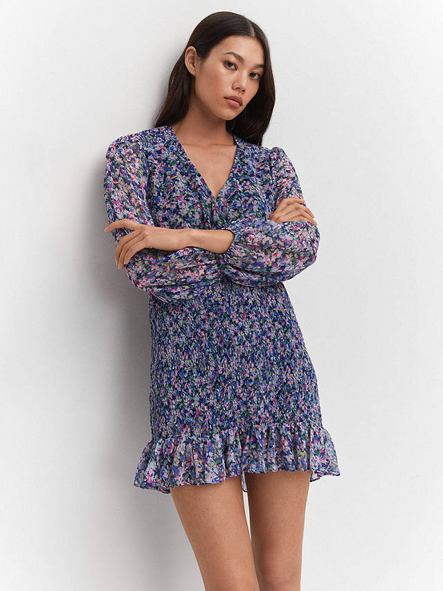 Mango Flor Frill Hem Mini Dress, Blue/Multi