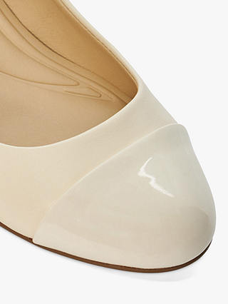 Dune Bracket Leather Patent Toe Cap Low Block Heel Comfort Court Shoes, Cream