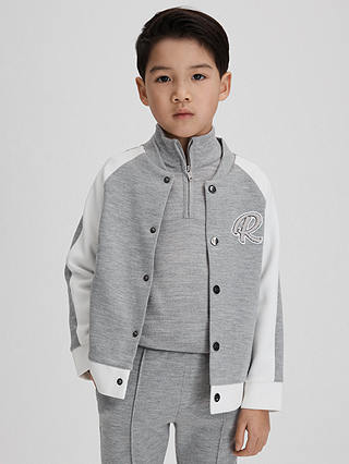 Reiss Kids' Pelham Logo Varsity Jacket, Soft Grey/White