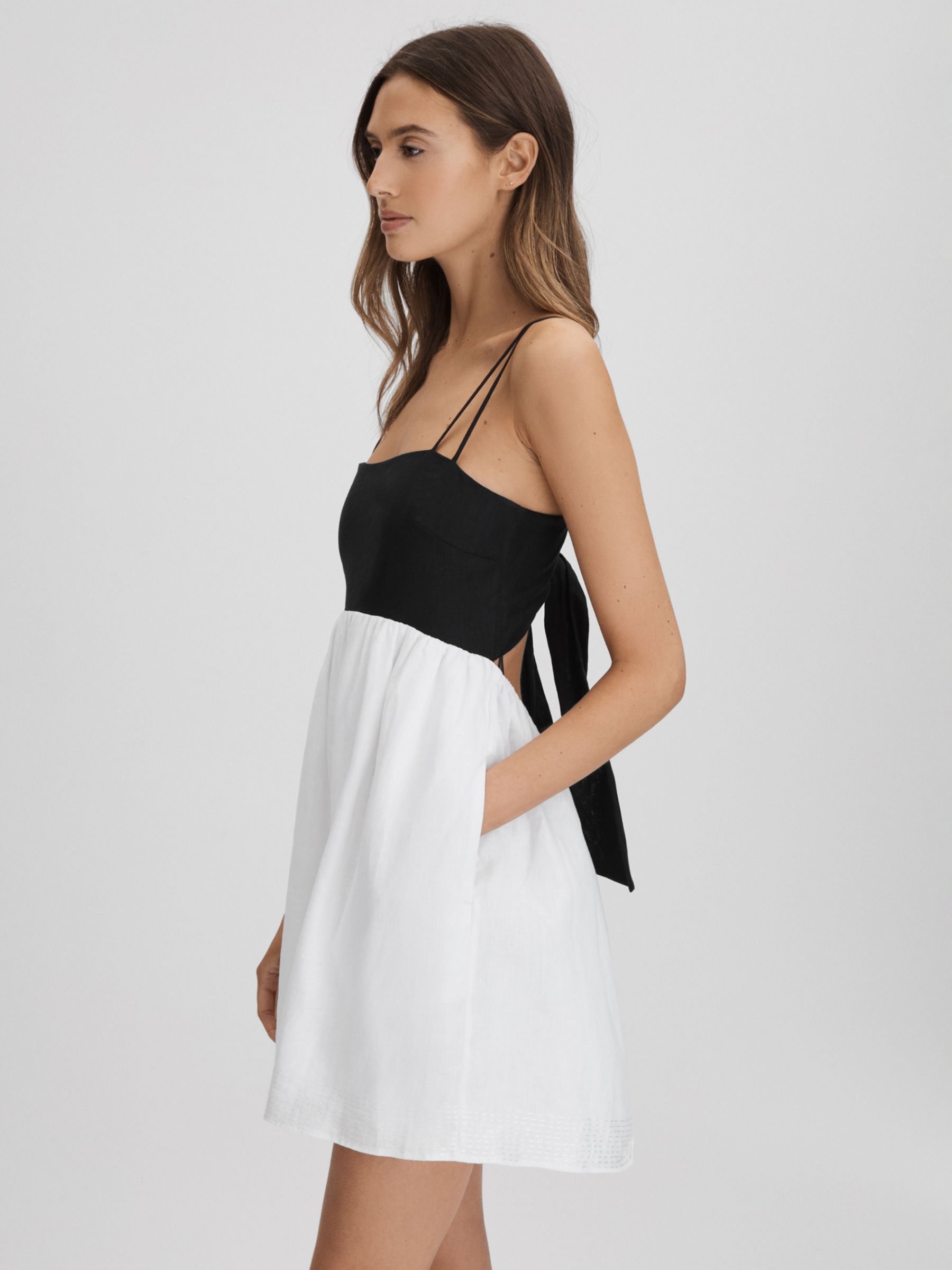 Reiss Hadley Linen Colour Block Mini Dress, Black/White, 6