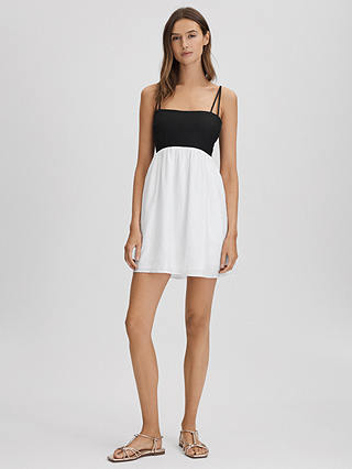 Reiss Hadley Linen Colour Block Mini Dress, Black/White